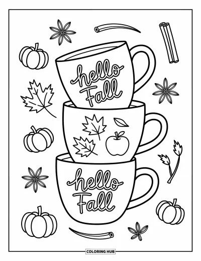 Coloriage Bonjour l'Automne pour adultes : Trois tasses inclinées s'empilent avec des feuilles, des pommes et un bâton de cannelle
