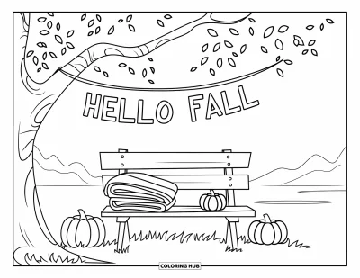 Coloriage Bonjour l'Automne pour enfants : Un banc sous un arbre avec des couvertures, des citrouilles et une banderole « Hello Fall »