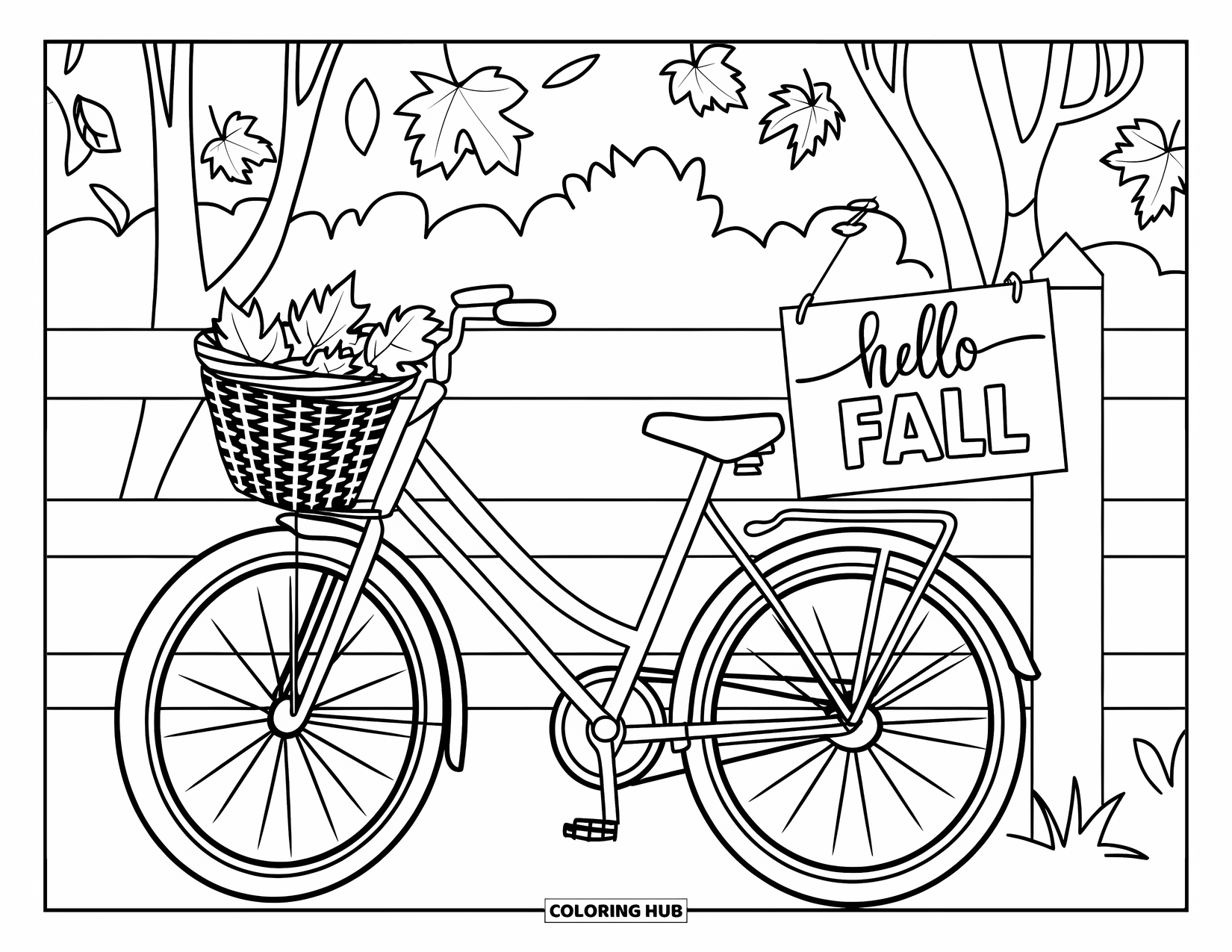 Hello Fall Coloring Page for Kids: A bicycle rests near trees with falling leaves and a cheerful "Hello Fall" banner