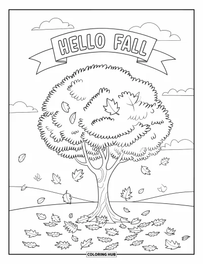 Coloriage Bonjour l'Automne pour enfants : Un grand arbre feuillu laisse tomber ses feuilles d'automne sous une banderole « Hello Fall »