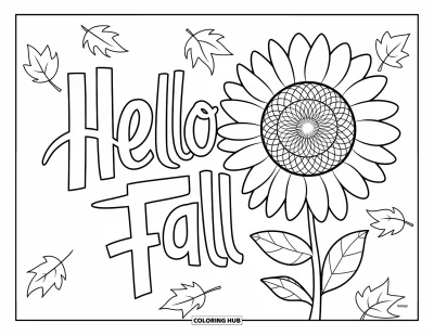 Coloriage Bonjour l'Automne pour enfants : Un grand tournesol et des feuilles qui tombent épellent « Hello Fall »