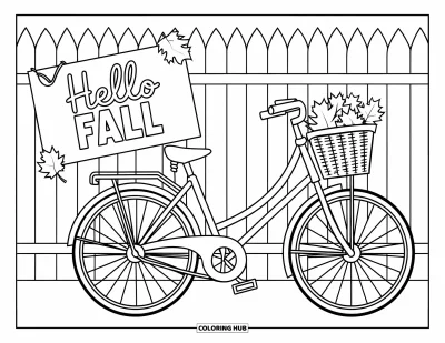 Coloriage Bonjour l'Automne pour enfants : Un vélo appuyé contre une clôture avec un panneau « Hello Fall » et un panier feuillé