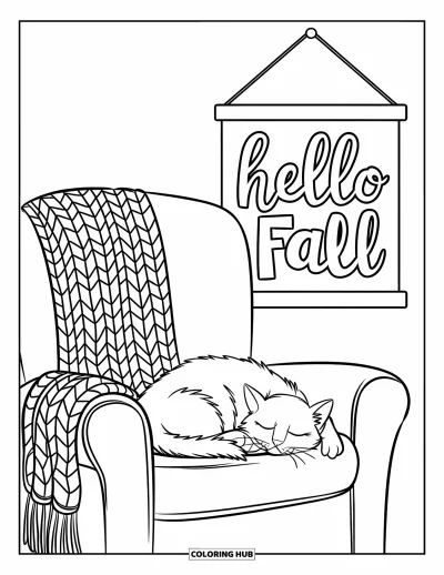 Coloriage Bonjour l'Automne pour enfants : Un fauteuil douillet avec une couverture tricotée et un chat endormi sous un panneau automnal
