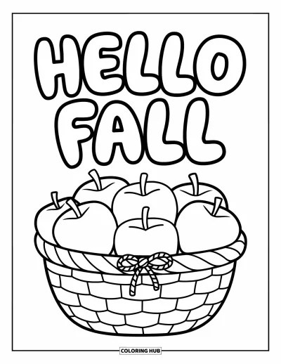 Coloriage Bonjour l'Automne pour enfants : Un joli panier noué d'un ruban partage la gaieté de l'automne avec un texte arrondi