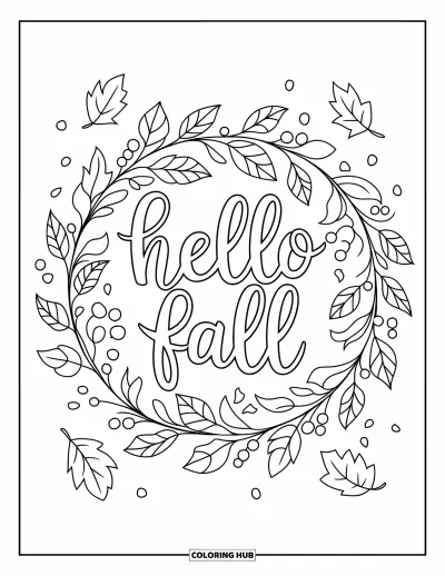 Coloriage Bonjour l'Automne pour enfants : Une couronne de feuilles et de baies encercle le message « Hello Fall »
