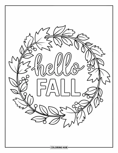 Coloriage Bonjour l'Automne pour enfants : Une couronne de feuilles et de baies porte un joyeux message de bienvenue à l'automne