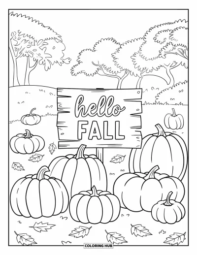Coloriage Bonjour l'Automne pour enfants : Un panneau de champ de citrouilles accueille l'automne avec des citrouilles éparpillées et des arbres colorés