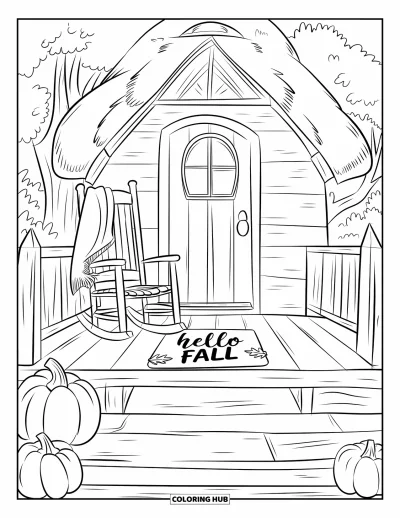 Coloriage Bonjour l'Automne pour enfants : Une véranda avec un rocking-chair, des citrouilles et un paillasson de bienvenue automnal