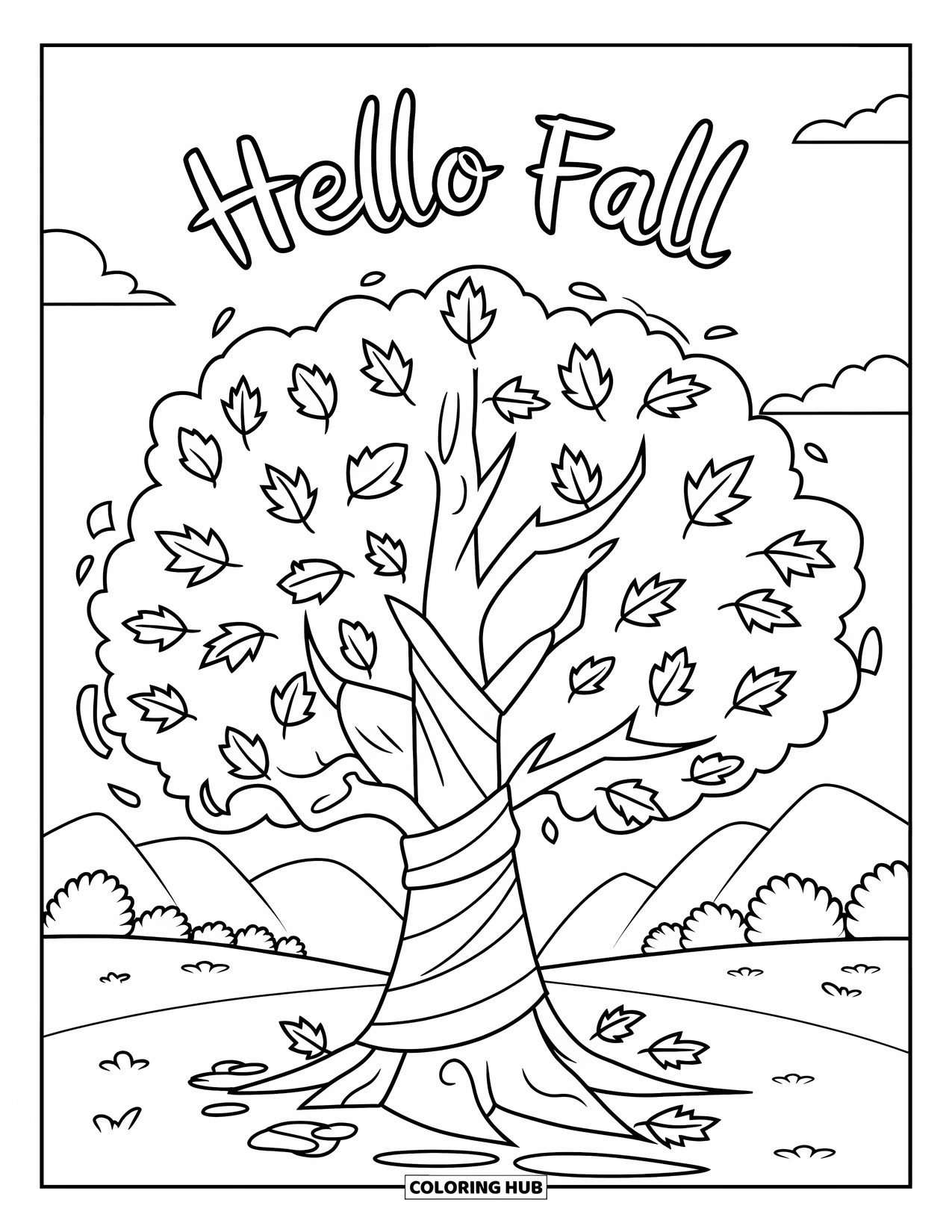 Hello Fall Coloring Page for Kids: A scarf-wrapped tree swirls with leaves and fall charm