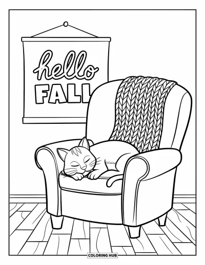 Coloriage Bonjour l'Automne pour enfants : Un chat endormi et un fauteuil confortable sous un décor mural « Hello Fall »