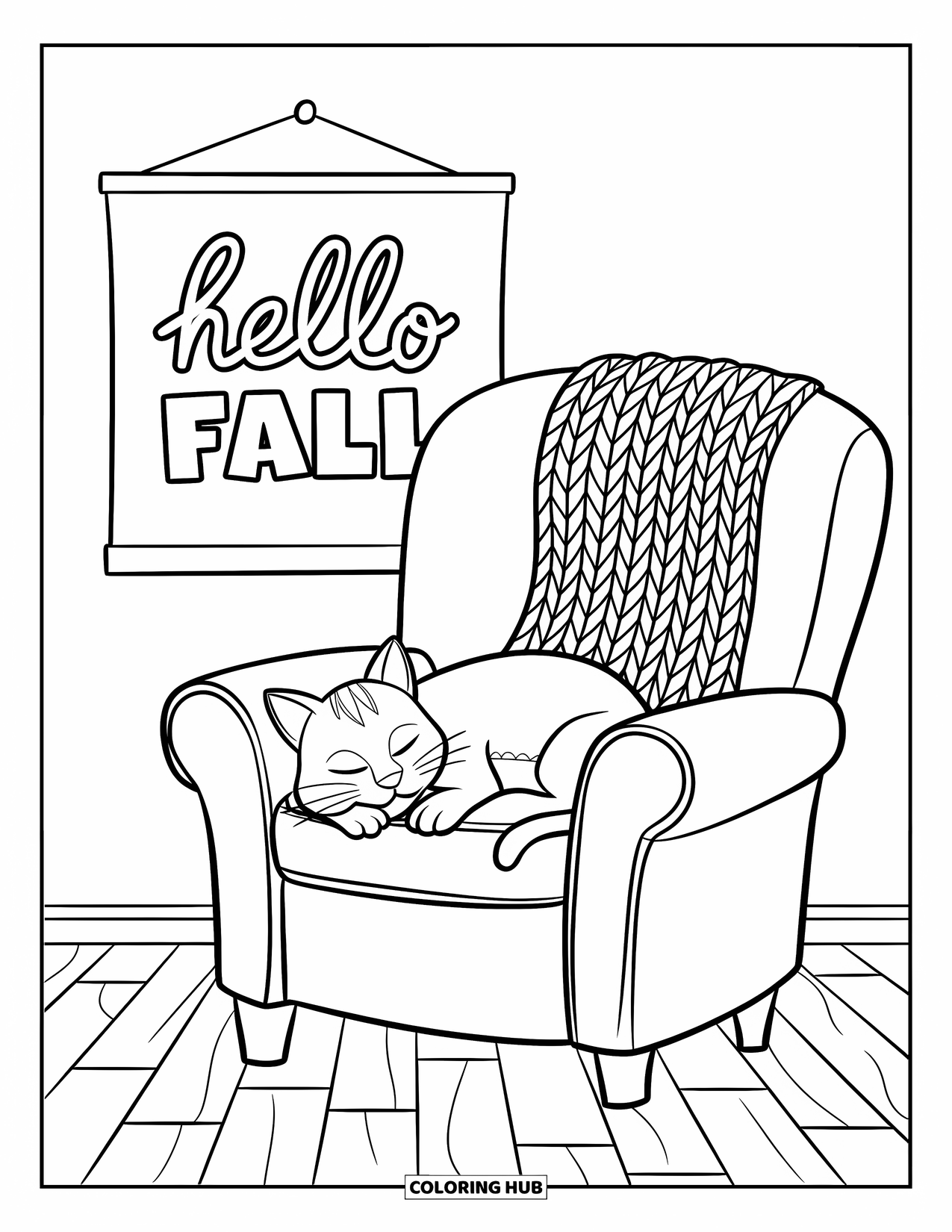 Hello Fall Coloring Page for Kids: A sleepy cat and comfy chair sit beneath "Hello Fall" wall art