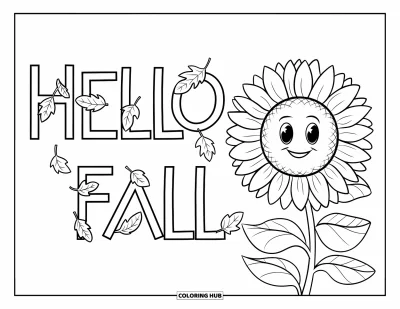 Coloriage Bonjour l'Automne pour enfants : Un tournesol souriant partage la joie de l'automne avec des feuilles qui tombent doucement