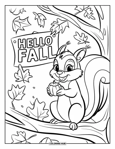 Coloriage Bonjour l'Automne pour enfants : Un écureuil tenant un gland est posé près d'une joyeuse banderole automnale