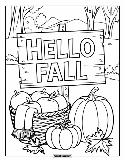 Coloriage Bonjour l'Automne pour enfants : Un panneau accueillant et un panier rempli d'écharpes égayent un coteau automnal