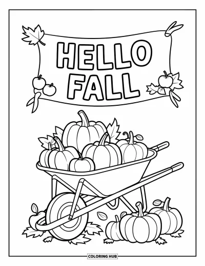Coloriage Bonjour l'Automne pour enfants : Une brouette repose sur un chemin couvert de feuilles avec un joyeux message au-dessus