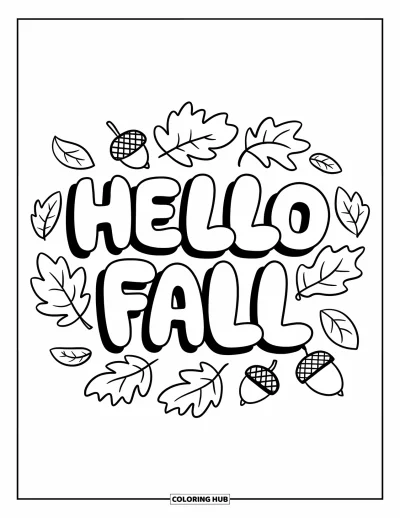 Coloriage Bonjour l'Automne pour enfants : Des glands et des feuilles virevoltent autour de lettres rondes d'automne sur une page épurée