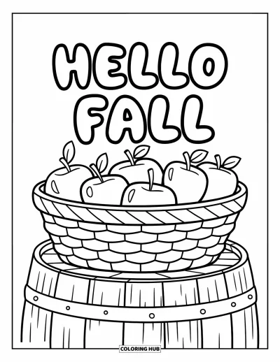 Coloriage Bonjour l'Automne pour enfants : Des pommes reposent sur un tonneau avec un message bulle au-dessus