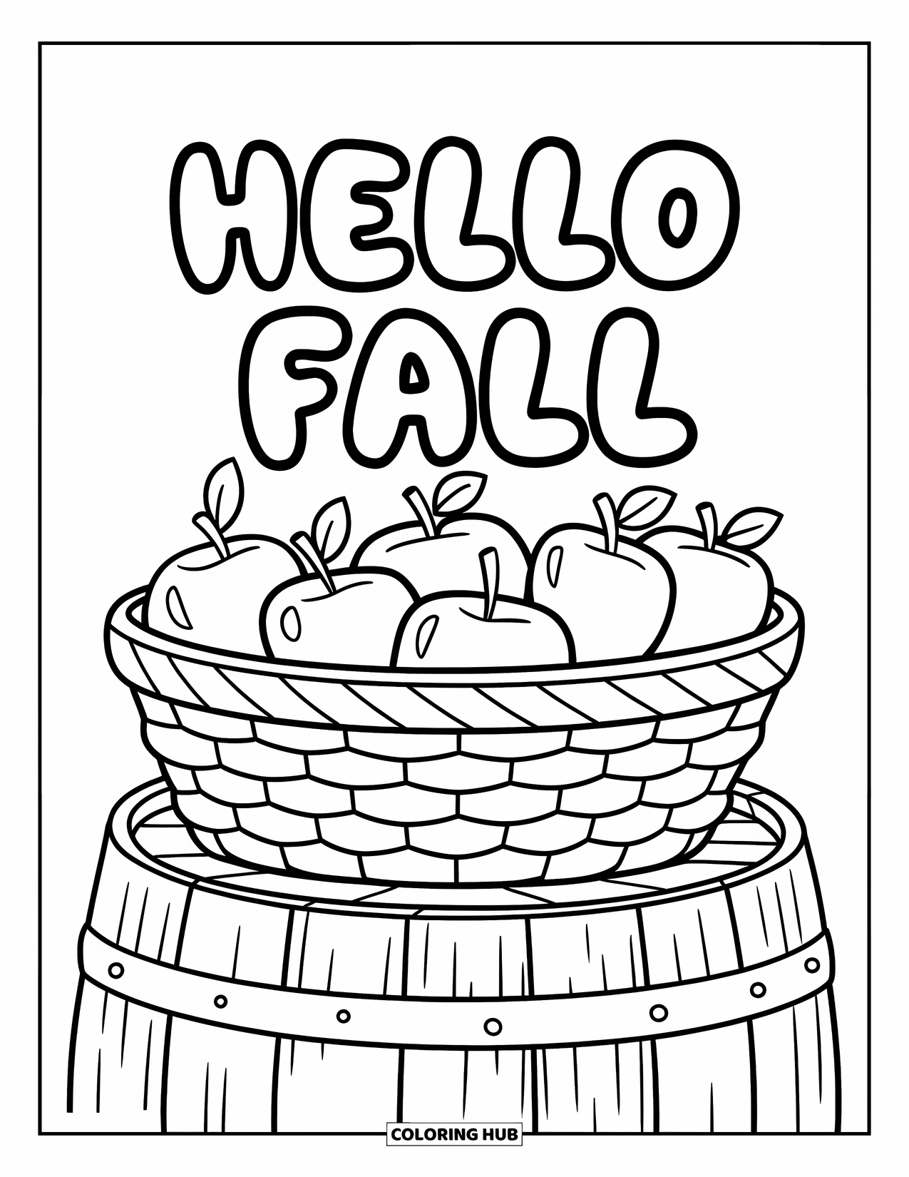 Hello Fall Coloring Page for Kids: Apples rest on a barrel with a bubbly fall message above