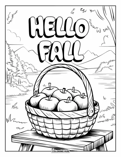 Coloriage Bonjour l'Automne pour enfants : Des pommes d'automne débordent d'un panier avec un joli panneau de bienvenue au-dessus