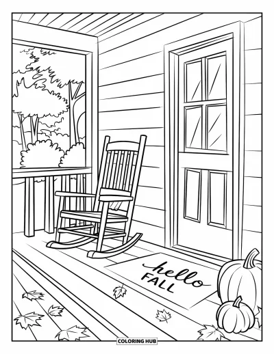 Coloriage Bonjour l'Automne pour enfants : Une véranda automnale avec un fauteuil drapé d'une couverture et un joyeux paillasson « Hello Fall »