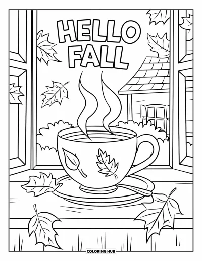 Coloriage Bonjour l'Automne pour enfants : Un moment de thé automnal près de la fenêtre avec des arbres et un joyeux message