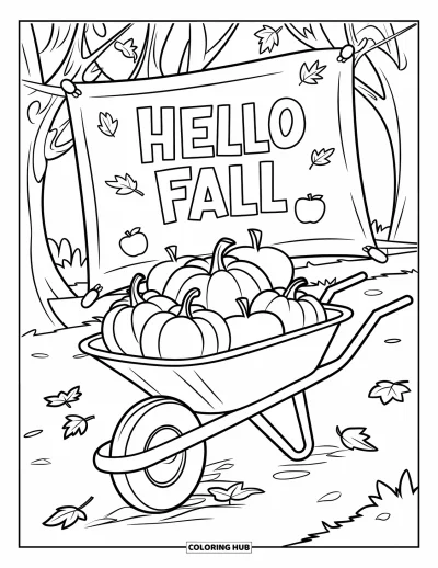 Coloriage Bonjour l'Automne pour enfants : Des arbres d'automne entourent une brouette bien chargée et une banderole de bienvenue