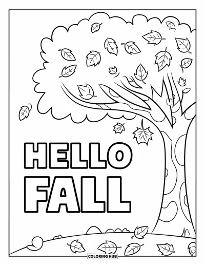 Coloriage Bonjour l'Automne pour enfants : De grandes feuilles tombent d'un arbre avec un panneau espiègle « Hello Fall »