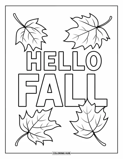 Coloriage Bonjour l'Automne pour enfants : De grandes lettres et des feuilles d'érable célèbrent l'automne dans une composition ludique