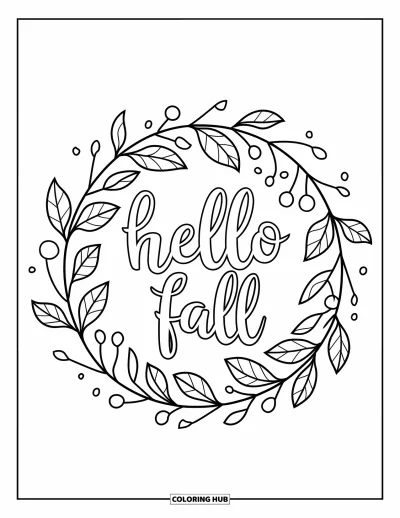 Coloriage Bonjour l'Automne pour enfants : De grands traits encadrent une couronne festive avec un message amical