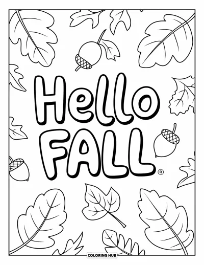 Coloriage Bonjour l'Automne pour enfants : Des lettres rondes donnent vie à l'automne avec des lignes audacieuses et des accents de feuilles