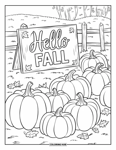 Coloriage Bonjour l'Automne pour enfants : Des citrouilles sculptées et une clôture rustique sous un ciel d'automne paisible