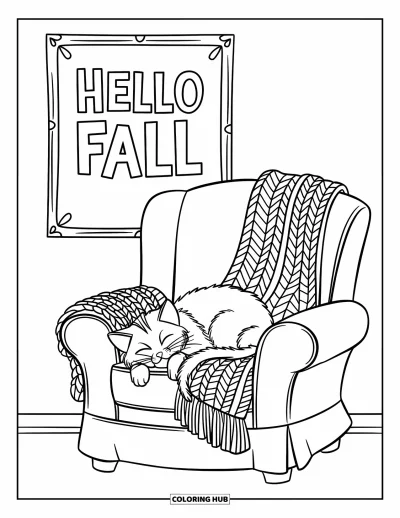 Coloriage Bonjour l'Automne pour enfants : Un chat fait la sieste dans un fauteuil confortable pendant que la décoration automnale réchauffe la pièce