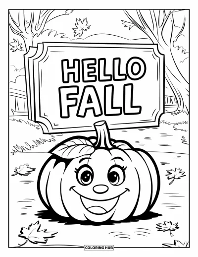 Coloriage Bonjour l'Automne pour enfants : Une citrouille souriante dans un champ rayonne sous un grand message d'automne