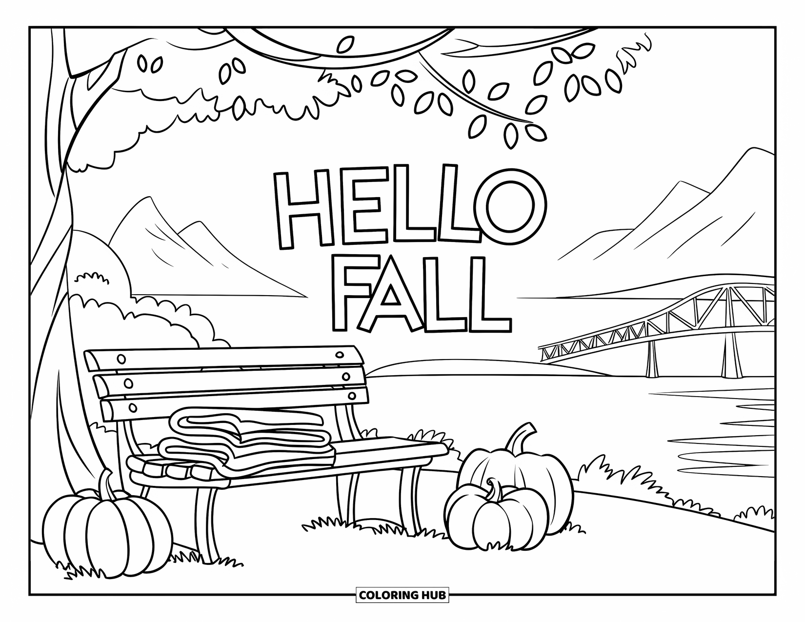 Hello Fall Coloring Page for Kids: Cozy fall scene with a bench, pumpkins, and a tree-top "Hello Fall" greeting