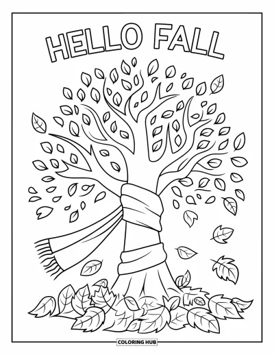 Coloriage Bonjour l'Automne pour enfants : Une écharpe douillette entoure un arbre avec des feuilles tourbillonnantes et un message d'automne