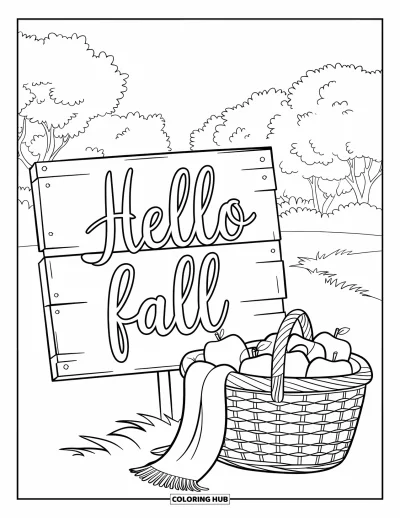 Coloriage Bonjour l'Automne pour enfants : Des écharpes douillettes et des pommes posées près d'un panneau en bois dans les bois d'automne