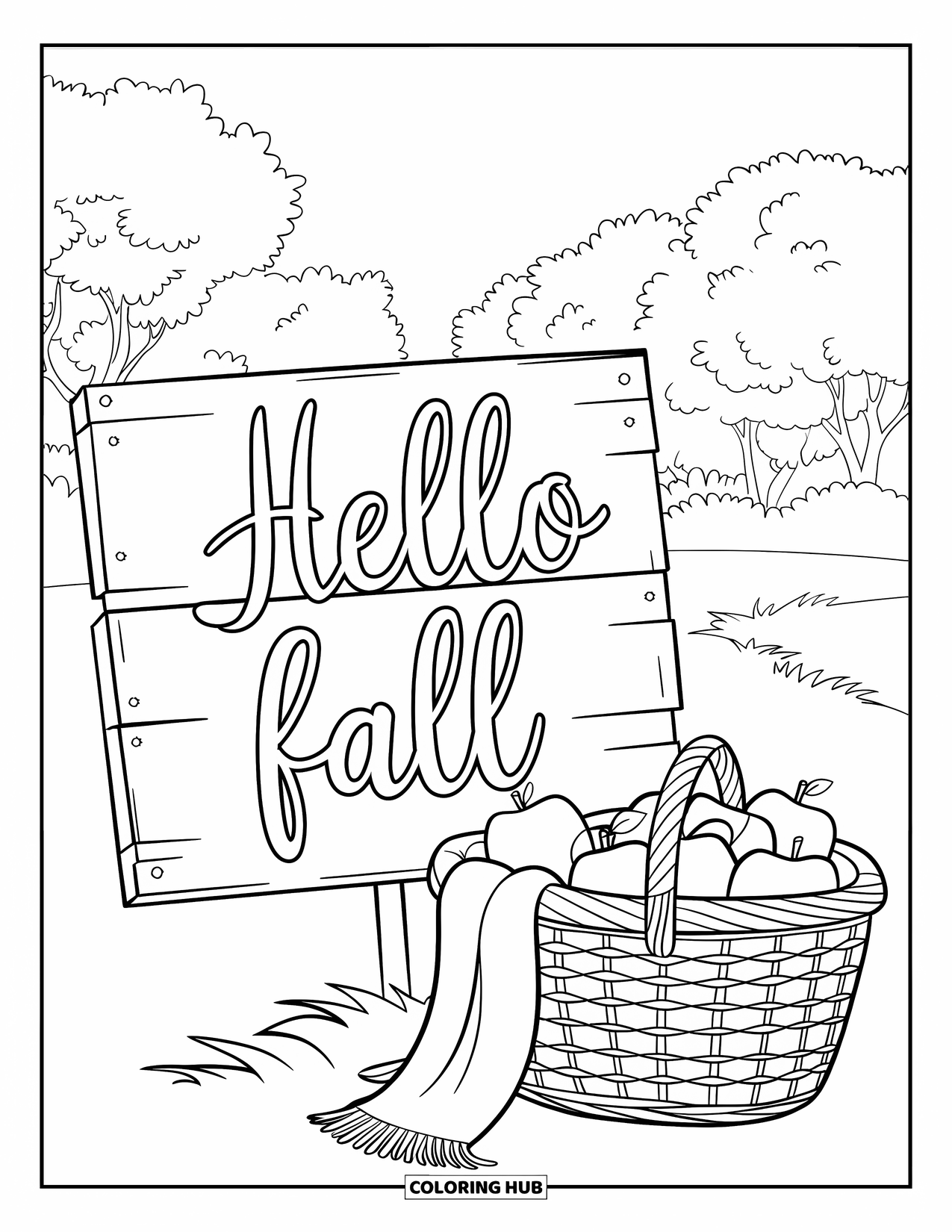 Hello Fall Coloring Page for Kids: Cozy scarves and apples rest by a wooden sign in the autumn woods