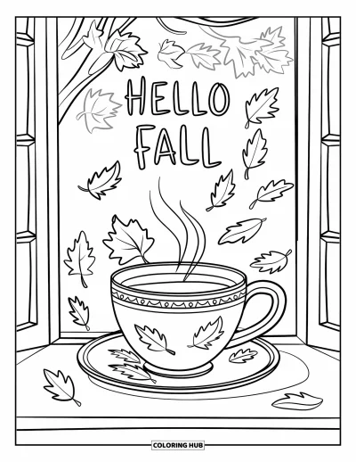 Coloriage Bonjour l'Automne pour enfants : Une tasse de thé sur le rebord de la fenêtre avec un tourbillon de feuilles et un message de bienvenue