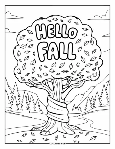 Coloriage Bonjour l'Automne pour enfants : Une brise automnale enveloppe un arbre de chaleur avec des montagnes en arrière-plan
