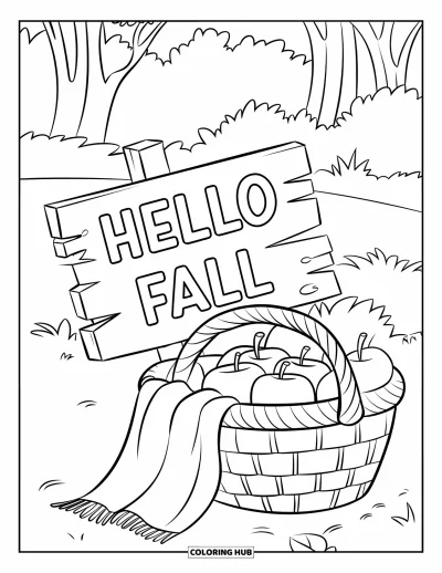 Coloriage Bonjour l'Automne pour enfants : Des feuilles d'automne et des pommes nichées près d'un panneau en bois « Hello Fall »