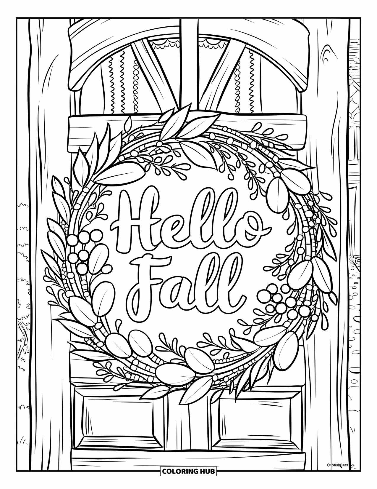 Hello Fall Coloring Page for Kids: Fall wreath hangs on a wooden door with lace curtain and charming "Hello Fall"