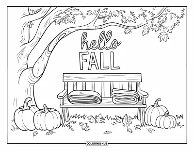 Coloriage Bonjour l'Automne pour enfants : Des couvertures pliées et des citrouilles posées près d'un banc sous un message d'automne chaleureux