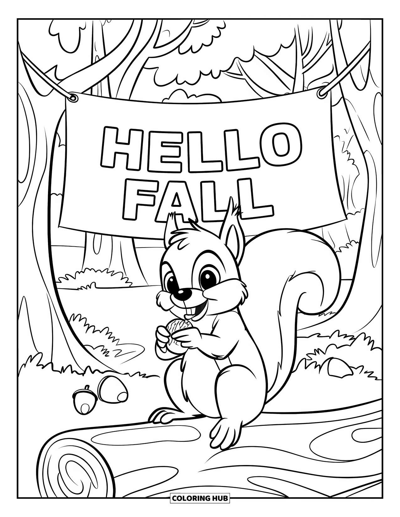 Hello Fall Coloring Page for Kids: Forest squirrel poses near a fall banner and scattered acorns