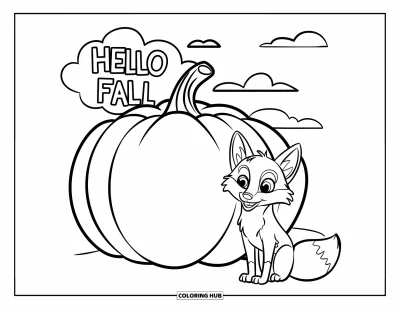 Coloriage Bonjour l'Automne pour enfants : Un renard et une citrouille sculptée sous un ciel d'automne douillet avec un message suspendu