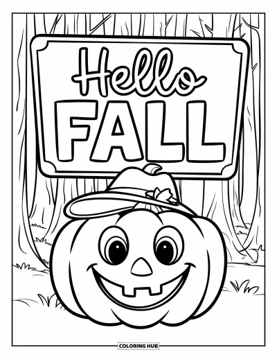 Coloriage Bonjour l'Automne pour enfants : Une citrouille joyeuse sous un panneau en bois partage des vœux d'automne chaleureux