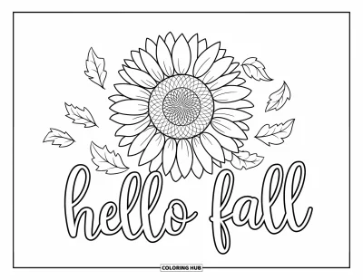 Coloriage Bonjour l'Automne pour enfants : Des feuilles et un gai tournesol encadrent un chaleureux message de bienvenue à l'automne