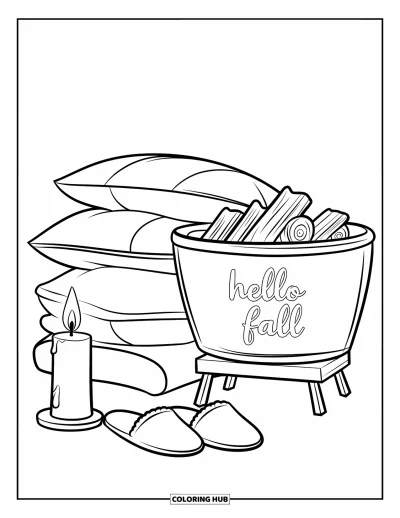 Coloriage Bonjour l'Automne pour enfants : Des coussins, des chaussons et des bougies créent un coin d'automne chaleureux avec un message tendre