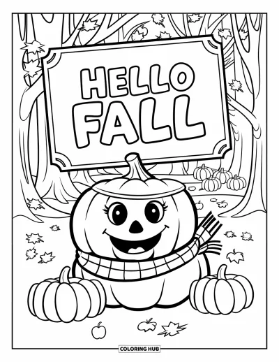 Coloriage Bonjour l'Automne pour enfants : Une citrouille coiffée d'une écharpe et d'un chapeau sourit sous la canopée de la forêt