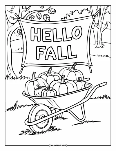 Coloriage Bonjour l'Automne pour enfants : Des citrouilles et des pommes remplissent un chariot sous des arbres colorés et un panneau « Hello Fall »