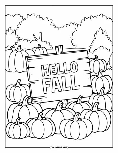Coloriage Bonjour l'Automne pour enfants : Des citrouilles et des feuilles se rassemblent sous un doux message de bienvenue à l'automne